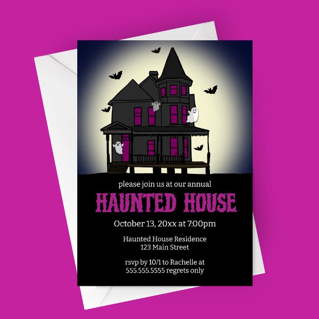 Convite para o Festa de Halloween da Casa Assombra (Purple Haunted House Moon Background Halloween Party Invitation)