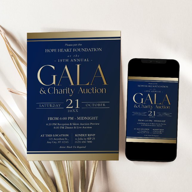 Convite para o Gala de Leilão de Caridade Azul Mar (Navy Blue and Gold Charity Auction Gala Invitation Card)