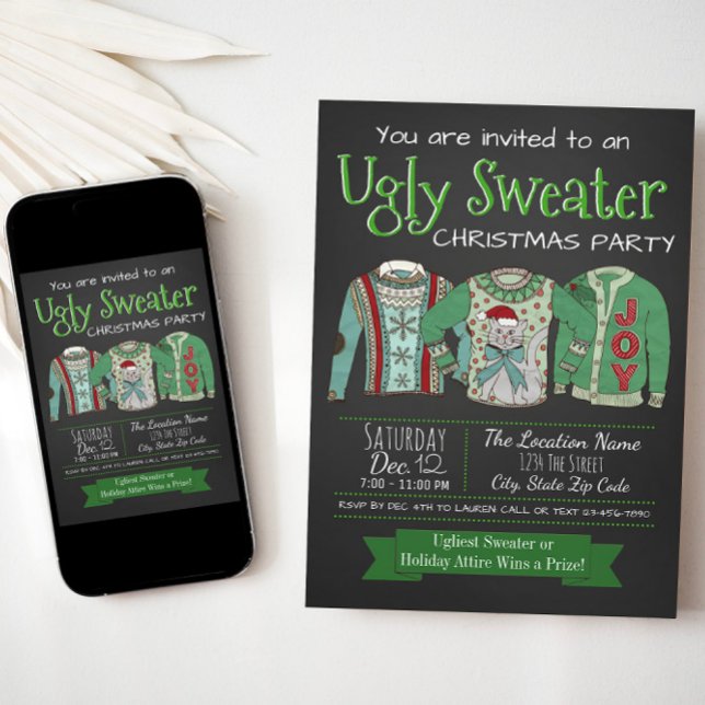 Convite para o giz de Natal de Festa de Festa Febr (Ugly sweater invitation with cute ugly sweaters. Available for instant download and print.)