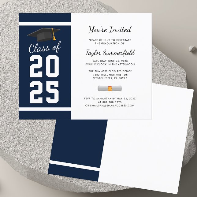 Convite para o Grupo de Formandos Simples Azul de  (Graduation 2025 Navy Blue Grad Party Invitation)
