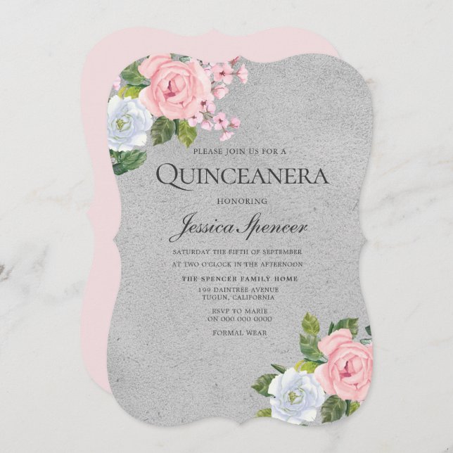 Convite para o Partido Quinceanera da Prata Floral (Frente/Verso)