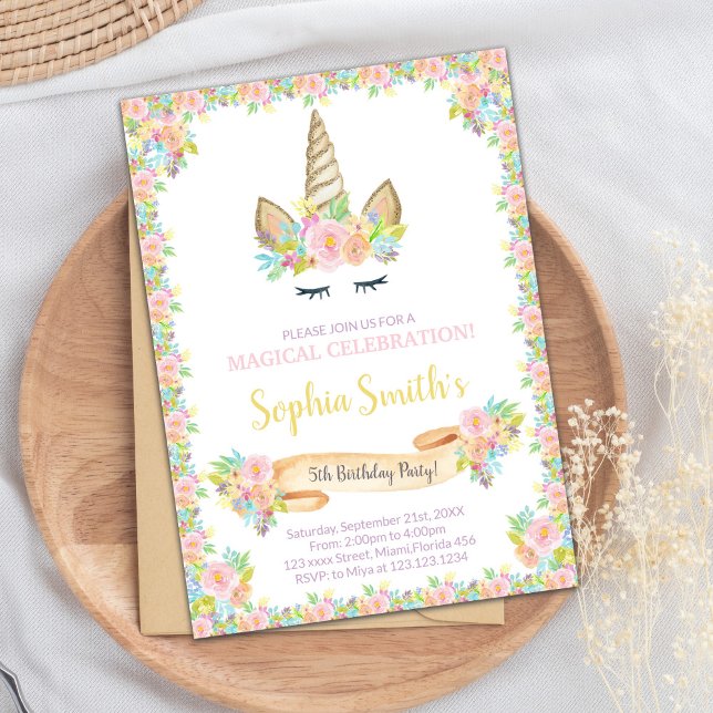 Convite para o partido Whimsical & Elegant (Floral Unicorn Invitations)