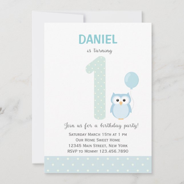 Convite para o primeiro aniversário do Owl (Azul) (Frente)