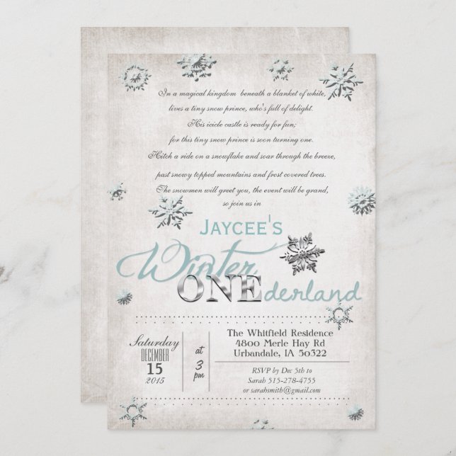 Convite para o primeiro aniversario Winter Onederl (Frente/Verso)