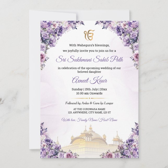 Convite para o Sukhmani Sahib Path do Casamento Si (Frente)