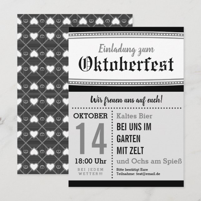 Convite para Oktoberfest Preto e Branco (Frente/Verso)