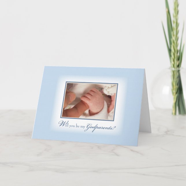 Convite para Padrinhos com as Mãos de Bebê Menino, (Frente)