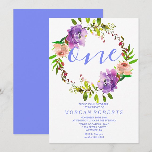 Convite para Partido primeiro aniversario Floral P (Frente/Verso)