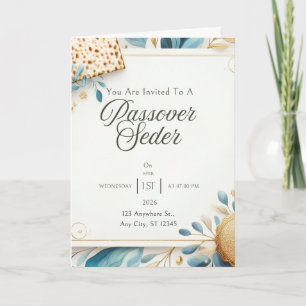Convite para Páscoa Carta Matzah Azul Dourado Flor