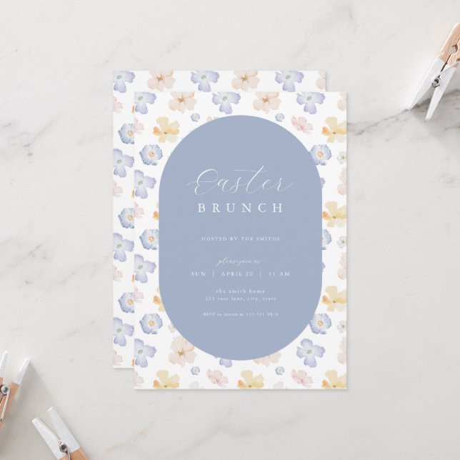 Convite para Páscoa de Flor Azul Amarelo Brunch (Frente/Verso In Situ)