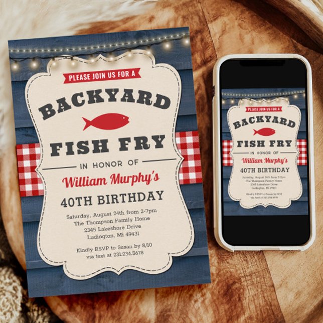 Convite para peixes de quintal (Backyard Fish Fry 40th Birthday Invitation)