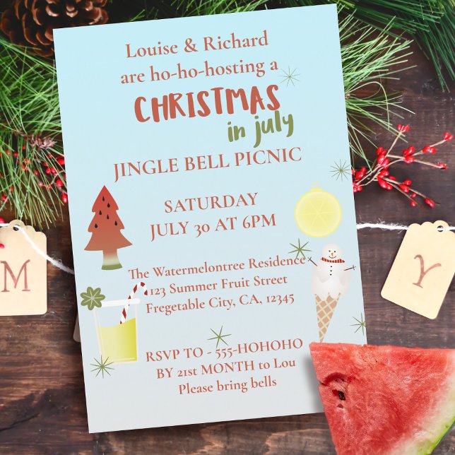 Convite para Piquenique com Campainha de Natal em  (Get your guests holly jolly excited for your annual Christmas in July Picnic!)