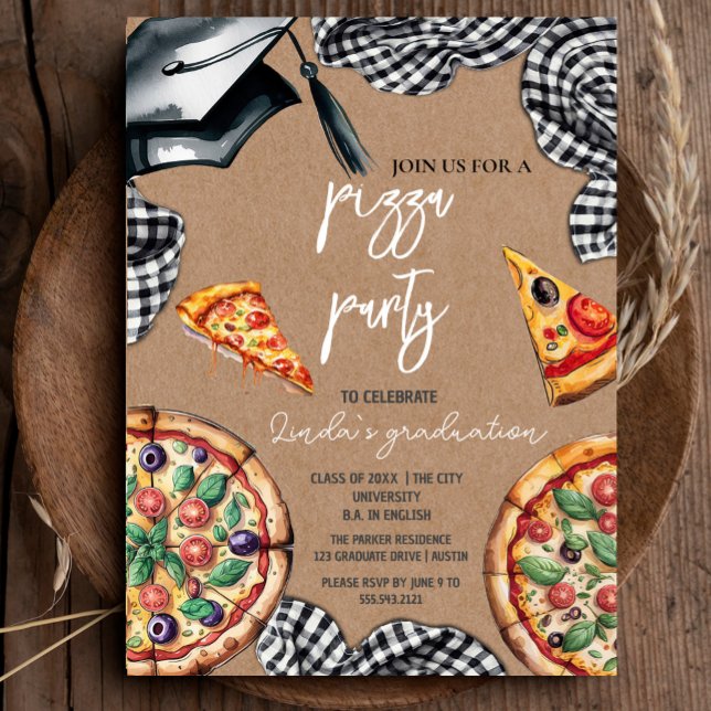 Convite para Pizza de Graduação por Aquarela Elega (Elegant Watercolor Graduation Pizza Invitation #zazzlemade #rusticgraduation #craftpaper #pizzaparty)