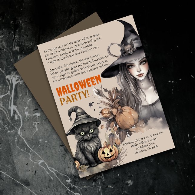 Convite para Poem do Festa de Gato Negro de Bruxas (Elevate your upcoming event with uniquely designed Halloween invitations featuring a spooky poem!)