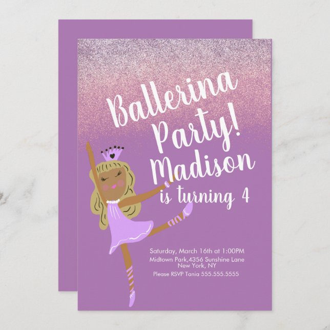 Convite para porta do partido Cute Ballerina (Frente/Verso)