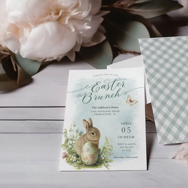 Convite para primavera Watercolor Bunny Páscoa Bru (Easter brunch invitation mockup with watercolor vintage bunny illustration. )