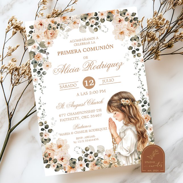 Convite para Primeira Comunhão Floral Boho Neutro (Criador carregado)