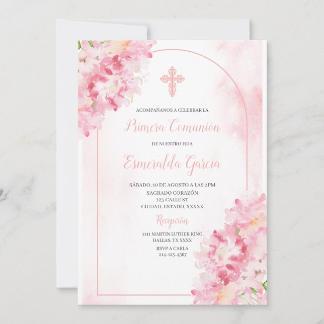 Convite para primeira comunidade floral cor-de-ros (Frente)