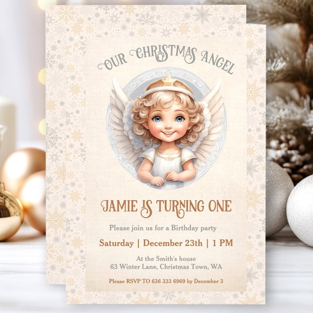 Convite para primeiro aniversario Angel de Natal (Cute Christmas Angel 1st Birthday Invitation)