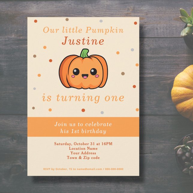 Convite para primeiro aniversario de Abóbora Bonit (Cute Pumpkin 1st Birthday Invitation )