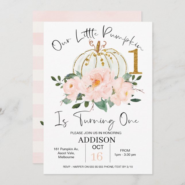 Convite para primeiro aniversario de Abóbora Flora (Frente/Verso)