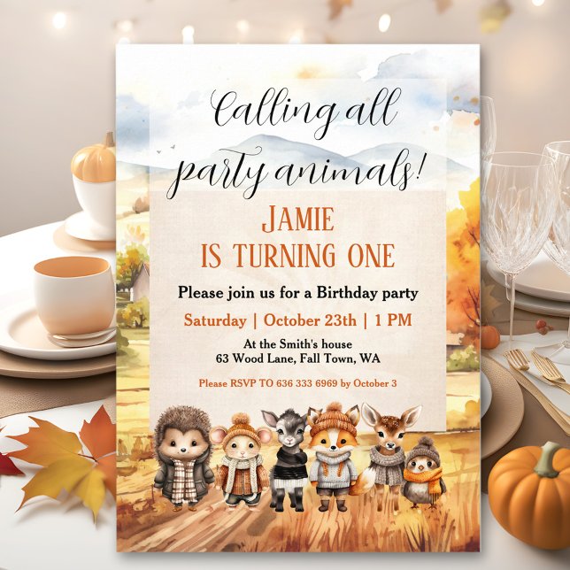 Convite Para primeiro aniversario De Animais Da Fl (Cute Fall Woodland Animals 1st Birthday Invitation)