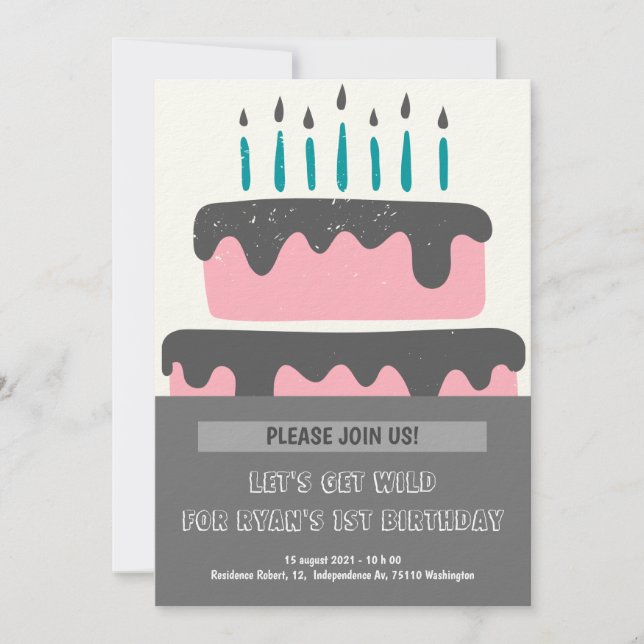 Convite para primeiro aniversario de Bolo Rosa e P (Frente)