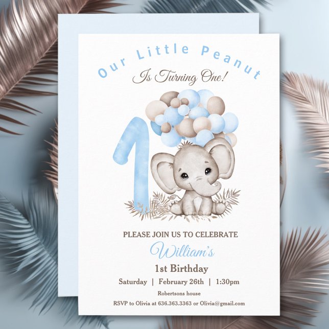 Convite para primeiro aniversario de Elefante Boni (Cute Elephant Boy 1st Birthday Invitation)