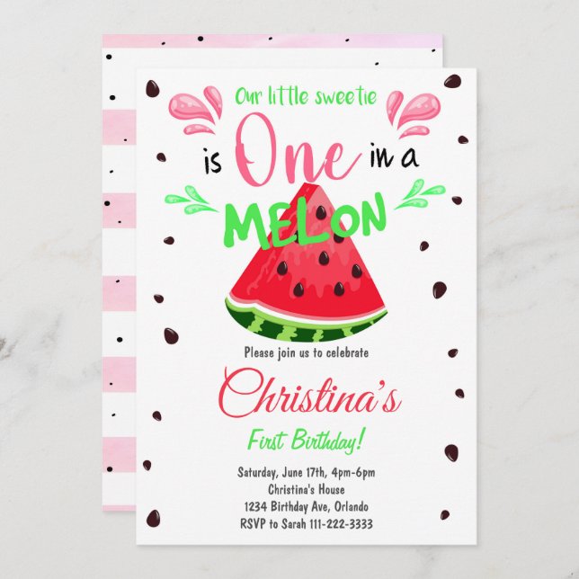 Convite para primeiro aniversario de Fatia de Mela (Frente/Verso)