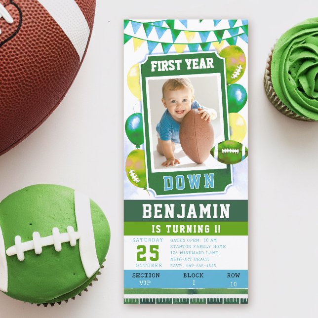 Convite para primeiro aniversario de Futebol do Ti (first year down football birthday invitation photo watercolor sports ticket boy blue green balloons)