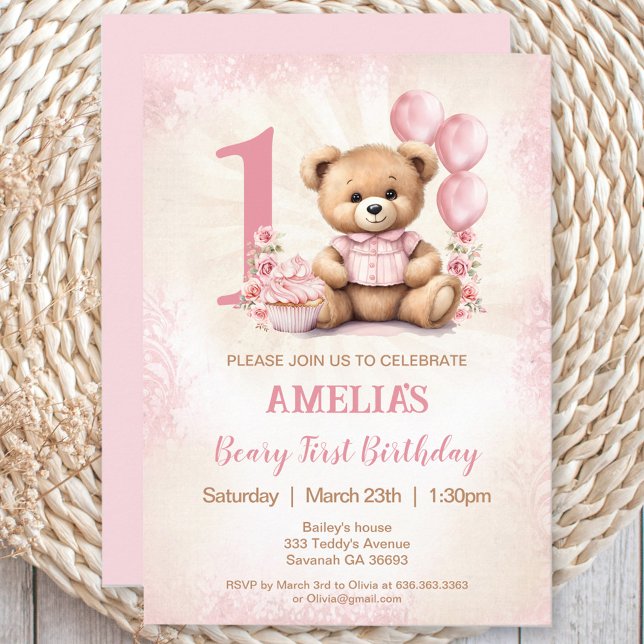 Convite para primeiro aniversario de Garota do Urs (Pink Teddy Bear Girl 1st Birthday Invitation)