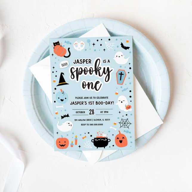 Convite para primeiro aniversario de Halloween Azu (Blue and Orange Halloween 1st Birthday Invitation )