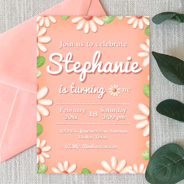 Convite para primeiro aniversario de margarida (Daisy 1st Birthday Girl Invitation - Peach Pastel Color - Boho Themed)
