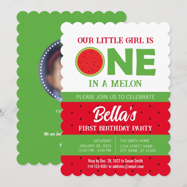 Convite para primeiro aniversario de melancia com  (Frente/Verso)