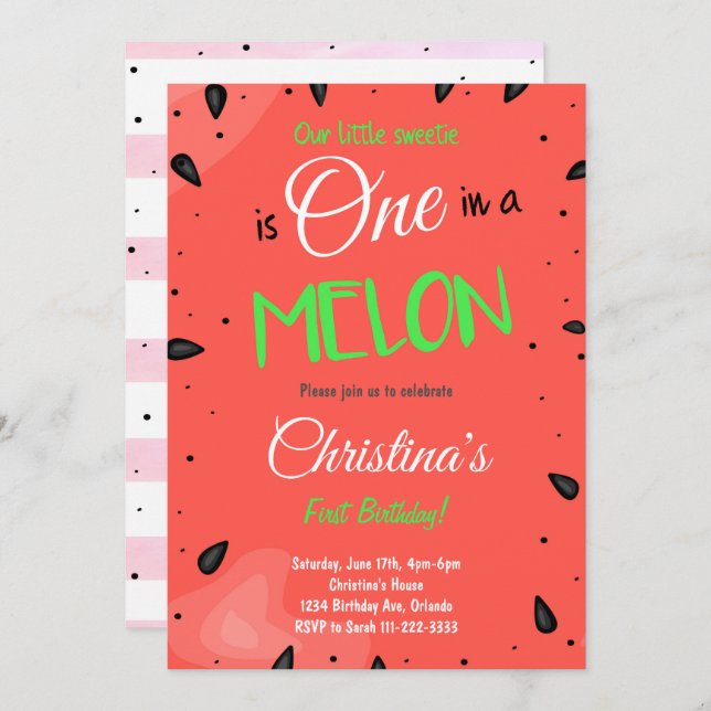 Convite para primeiro aniversario de Melancia Verm (Frente/Verso)