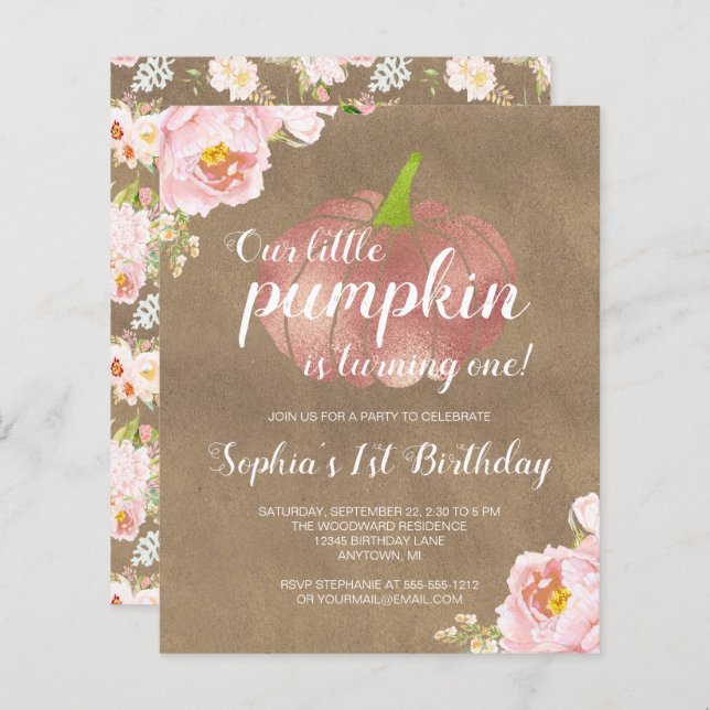 Convite para primeiro aniversario de Menina Floral (Frente/Verso)