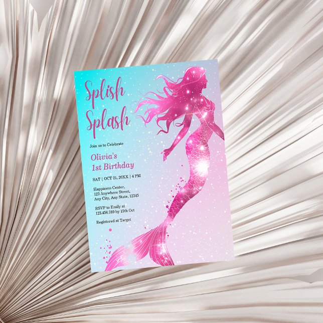 Convite para primeiro aniversario de Mermaid Girl (Budget Splish Splash Mermaid Baby Girl 1st Birthday Invitation   )