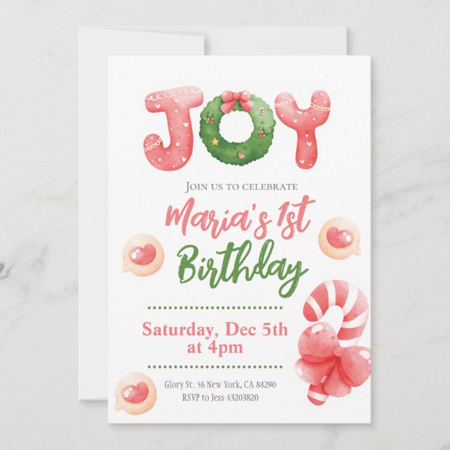 Convite para primeiro aniversario de Natal de Joy (Frente)