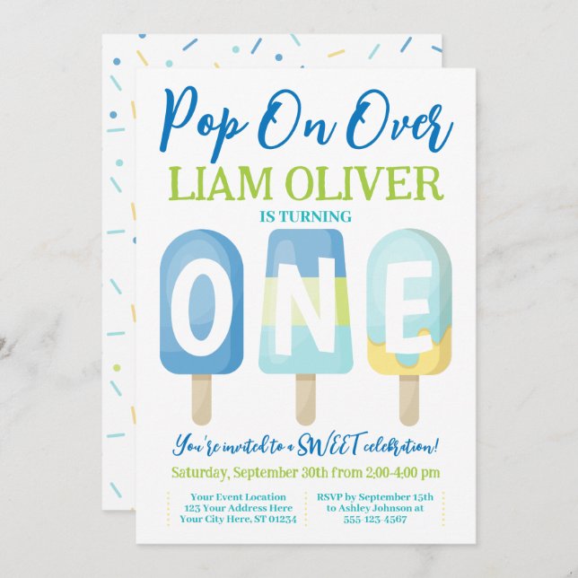 Convite para primeiro aniversario de picolé, Pop s (Frente/Verso)