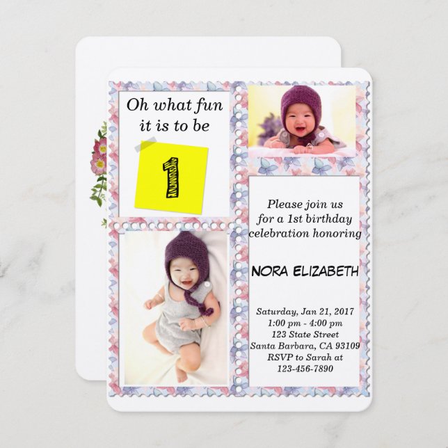 Convite para primeiro aniversario de Quadro Floral (Frente/Verso)