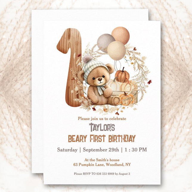 Convite para primeiro aniversario de Queda de Urso (Cute Baby Bear Fall Beary 1st Birthday Invitation)