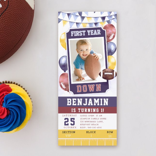Convite para primeiro aniversario de Ticket Bright (first year down football birthday invitation photo template balloons watercolor sports boy)