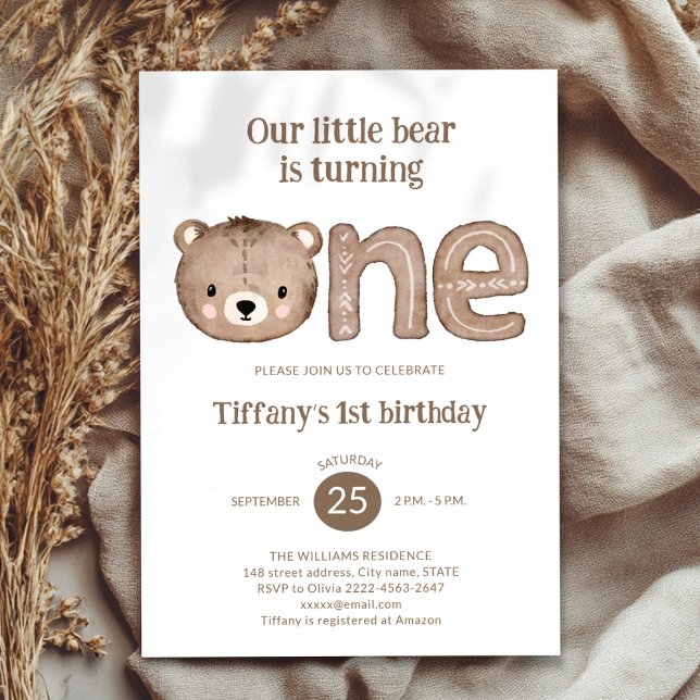 Convite para primeiro aniversario de Urso Bonito - (Wild One minimalistic 1st Birthday Invitation | Neutral Baby Bear Party Invite)