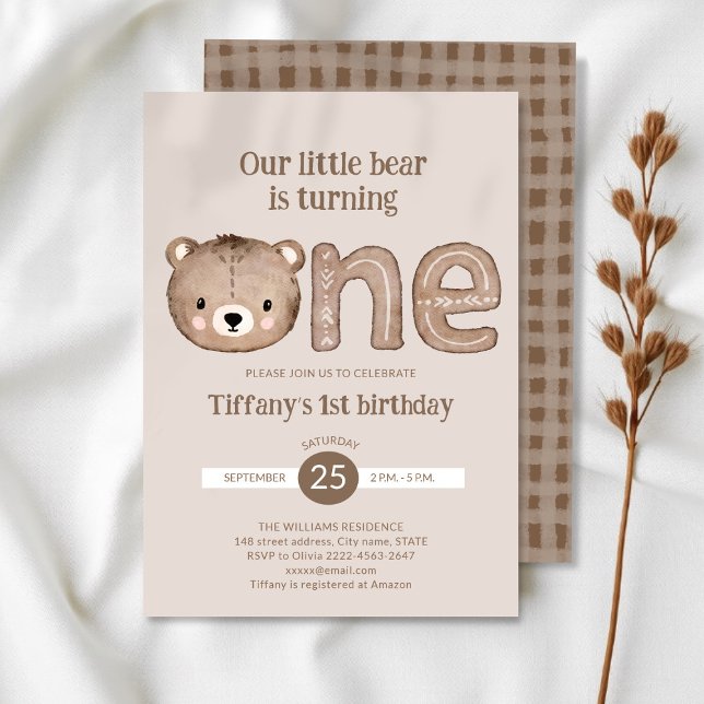 Convite para primeiro aniversario de Urso Bonito - (Wild One minimalistic 1st Birthday Invitation | Neutral Baby Bear Party Invite)