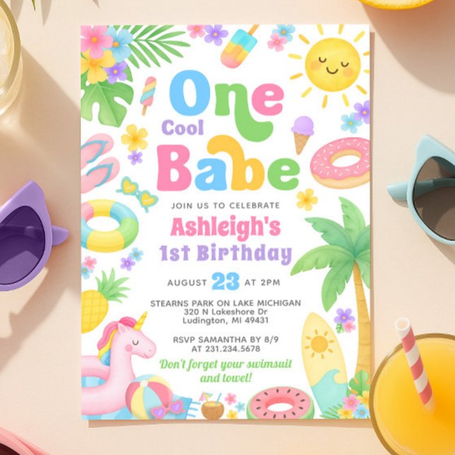 Convite para primeiro aniversario de Verão - Um be (Summer 1st Birthday Invitation - One Cool Babe
)