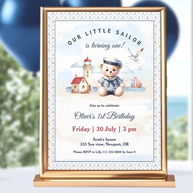 Convite para primeiro aniversario do Urso de Corte (Nautical Sailor Cute Bear 1st Birthday Invitation)