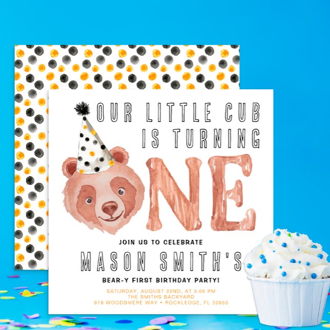 Convite para primeiro aniversario "Festa Animal" B (One Beary Cute Birthday Invite)