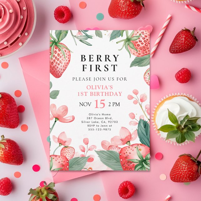 Convite para primeiro aniversario Floral Berry Fir (Criador carregado)