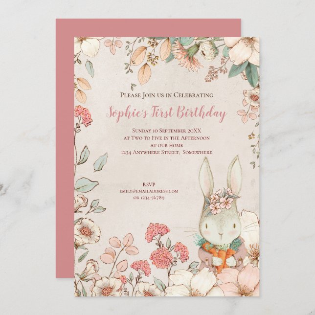 Convite para primeiro aniversario Floral de Bunny  (Frente/Verso)