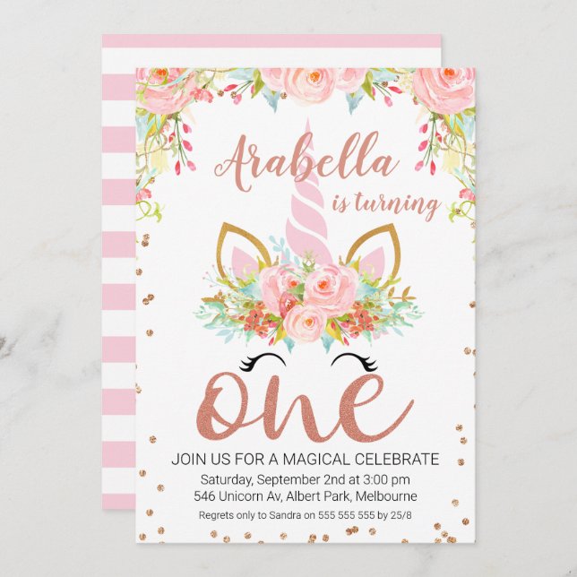 Convite para primeiro aniversario Floral Unicorn r (Frente/Verso)